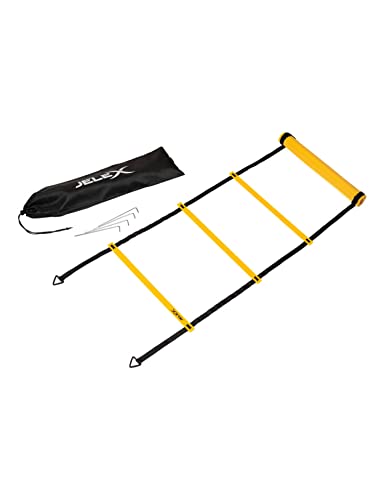 JELEX Eleven 11-Felder Koordinationsleiter, Trainingszubehör mit Tragetasche und Heringen für Koordinationsübungen, Steigerung der Agilität und Beweglichkeit, 5,80 m lang, Felder variabel einstellbar