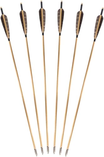 Xuxun 6 or 12 Pcs Pure Handmade Archery Wooden Arrow with Pheasant Turkey Feather Fletching Practice Target Arrows with Silver Point for Traditional Recurve Bow or Longbow (12)