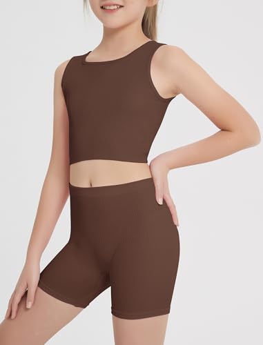 Image of EXARUS Girls 2 Piece Outfits Seamless Ribbed Cropped Tank Top Shorts Set | Teen Two Piece Outfit Tween Summer Dance Vacation Yoga Crew Neck Youth Athletic Workout Set Kids High Waist Elasticity 6-14Y