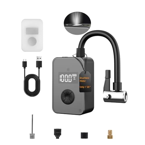 Bike Pump Electric, Portable Mini Bicycle Air Pump 130PSI Brushless Motor, Bike Pump with Gauge, Fits Presta & Schrader Valve, Rechargeable LED Light,