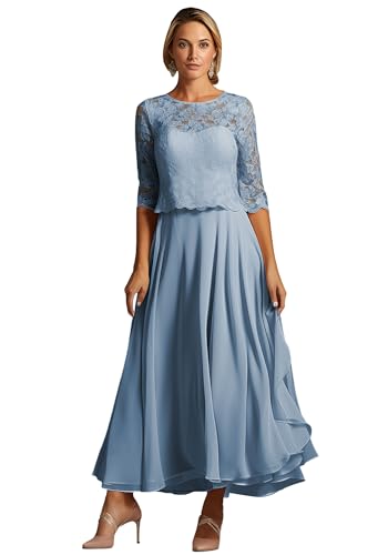 TANPAUL Teelänge Abendkleider Damen Chiffon A-Linie Brautmutterkleider 1/2 Ärmel Festliche Kleider...