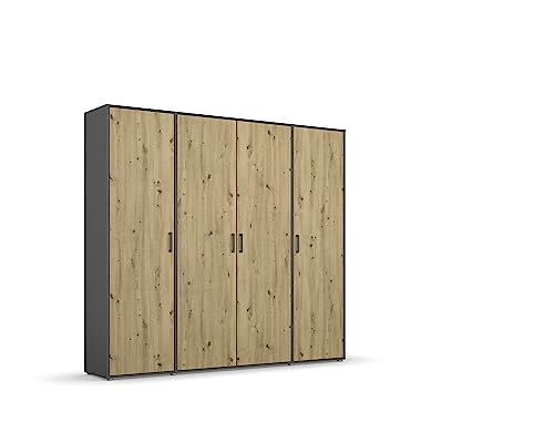 Rauch Möbel Voyager, Kleiderschrank für Schlafzimmer, Kinderzimmer, Babyzimmer, Jugendzimmer, Flur, 4-türig, mit Zubehör Basic, Farbe Eiche Artisan, Holz/Grau metallic, Schwarz, Breite 187cm