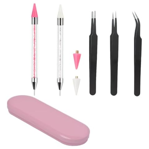 Rhinestone Picker Tool with Wax Tip Nail Art Tools Nail Charms Gem Jewel Picker Tool Manicure Nail Art Supplies DIY Decoration Tool Wax Pencil for Rhinestones Nail Art Pens (Pink+White) Cover