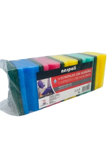 Nespoli Pack 5 Estropajos para Lavaplatos, Esponja con Abrasivo, con Forma Salvauñas, 6,5x8,5x4 cm, Especial Cocina