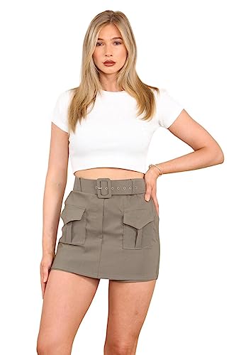 Image of Generation-Plus+® Women's Cargo Pocket Mini Skirt - Ladies Casual Belted Bukle Elastic Waist Summer Skort (Khaki, L)