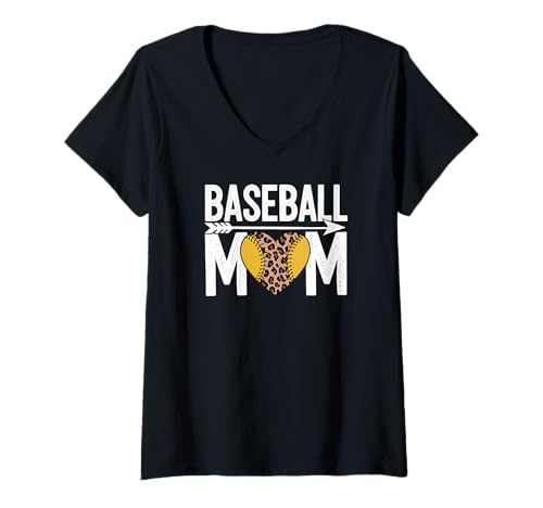 Mujer Diseño de corazón de leopardo para mamá de béisbol, amante de los deportes, divertido Camiseta Cuello V