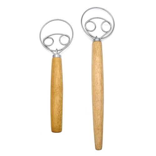 JZK Batidor de Masa Danés de 33 cm y 25.5 cm, 2 piezas con mango largo de madera, batidor para pan, galletas y pasteles, herramienta manual para amasar y hornear