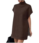WDIRARA Women's High Neck Long Sweater Vest Dress Cap Short Sleeve Split Side Knit Top Knitwear