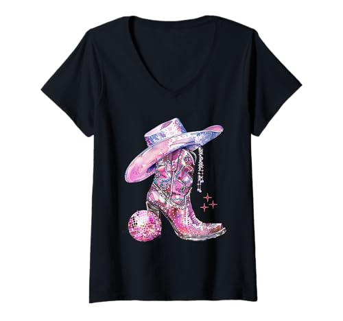 Womens Pink Cowgirl Girl Western Country Music Disco Party Rodeo V-Neck T-Shirt