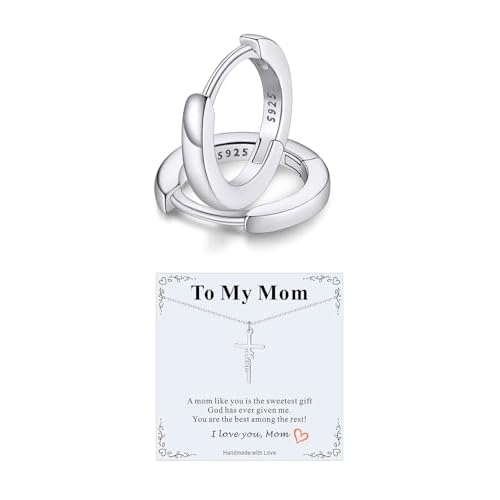 FaithHeart 8mm Sterling Silver Hoop Earrings and Small Mom Cross Necklace for Women