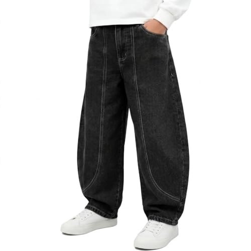 Tenfinordi Baggy Barrel Jeans for Boys Y2k Elastic Waist Cropped