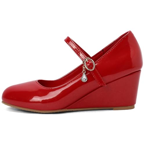 DINTAHA Low Wedge Heels, Mary Jane Wedge Shoes Women Patent Leather Pumps with Ankle Strap2