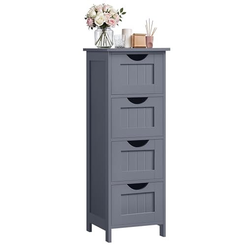 VASAGLE Mobile da Bagno, Cassettiera, Armadio Autoportante, con 4 Cassetti, 30 x 30 x 82 cm, per Bagno, Soggiorno, Sala da Pranzo, Cucina, Stile Moderno, Grigio LHC040G01