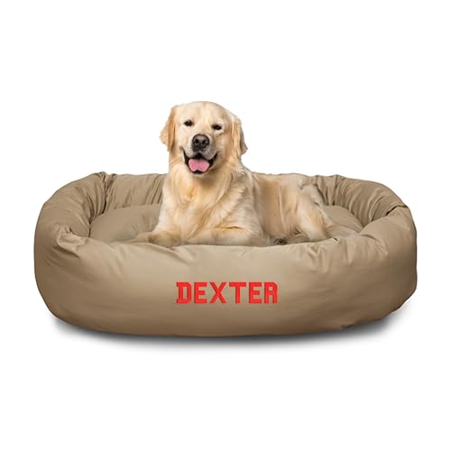 Image of Majestic Pet Personalized 40 Inch Bagel Calming Dog Bed Washable - Cozy Soft Round Dog Bed with Spine Support for Dogs to Rest Their Head - Fluffy Donut Dog Bed 40x29x9 (Inch) - Large - Khaki
