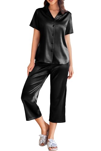Ekouaer Womens Satin Pajamas Silk Capri Pjs 2 Piece Lounge Sets Short Sleeve Button Down Sleepwear Black XX-Large