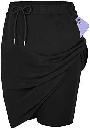 Tennis Skirt for Women with Pockets Athletic Skort Stretchy Knee Length Golf High Waist Skirt Drawstring Shorts Black Large