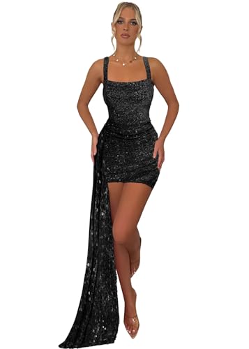 Yexinbridal Short Glitter Tight Sequin Homecoming Dresses with Pockets for Teens 2025 Sparkly Spaghetti Straps Square Neck Mini Bodycon Prom Dress Black 6