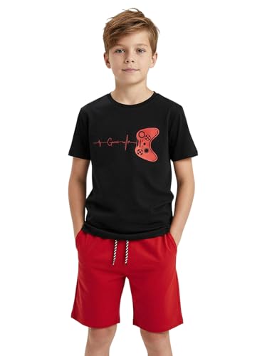 Image of SOLY HUX Boy's Letter Graphic Short Sleeve Tee Shirt and Drawstring Waist Shorts Set 2 Piece Outfit