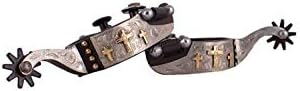 Showman Youth Brown Steel Spurs w/Brass Crosses/Studs & Silver Engraved Overlay