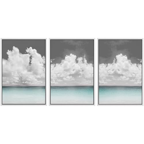 SIGNWIN 3 Piece Framed Canvas Wall Art Clouds Above The Blue Ocean Nature Wilderness Illustrations Abstract Traditional Relax/Calm Home Artwork Decoration for Living Room,Bedroom - 24"x36"x3 White