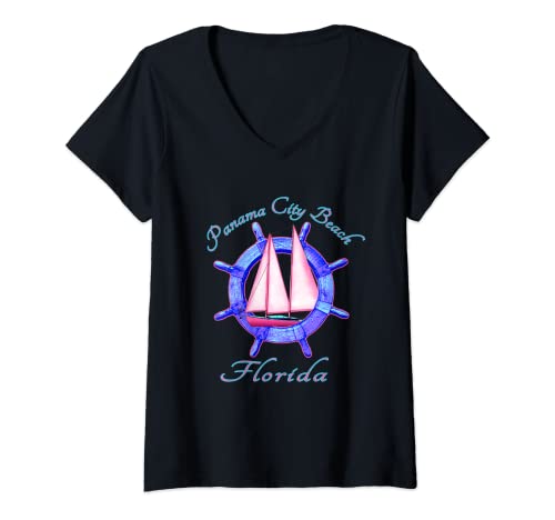 Mujer Panamá City Beach Florida Velero Velero Vacaciones Náutica Camiseta Cuello V