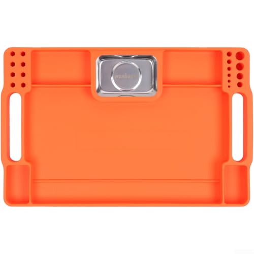 Image of Silicone Tool Tray, Stainless Steel Base Non Slip Flexible Organiser Mat for Screws Bolts Parts Workshop Garage Magnetic Storage Pad(Orange - Orange)
