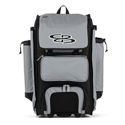 Boombah Rolling Catcher's Superpack Baseball/Softball Gear Bag - 23-1/2" x 13-1/2" x 9-1/2" - BM-9124C23 Black/Gray - Telescopic Handle - Holds 4 Bats - Wheeled Version