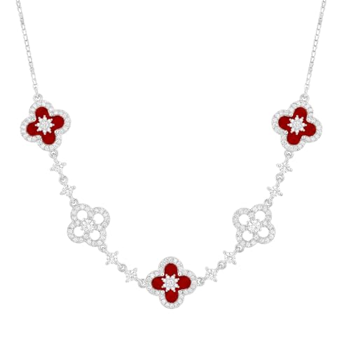 Ningnvshi] Necklaces for Women Silver Plated Four-Leaf Clover Necklace with red Mother of Pearl & Sparkling Zirconia Adjustable Chain Hypoallergenic Jewelry Gift for Wife Valentine's Day Anniversary