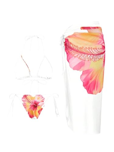 Image of ZAFUL Women's 3 Piece Swimsuit Floral Halter Triangle String Bikini Tie Side Bottom with Boho Cover Up Skirt