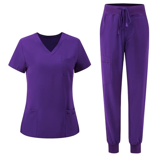 floralhue Scrubs for Women, V-Neck Scrubs Top & Cargo Pants with 10 Pockets, Purple, XS