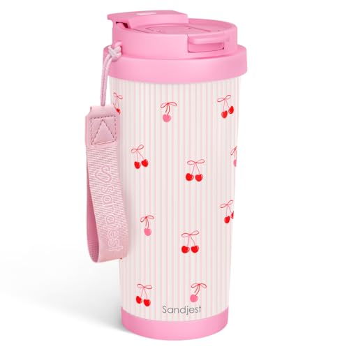 SANDJEST Cherry Stainless Steel 2-in-1 Lid Coffee Tumbler 18 oz, Insulated Travel Mug Gift for Women Girls Friends, Gift Idea for Birthday Christmas
