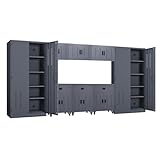 Garage Storage Cabinet System, 8 PCS — Ships in 8 Separate Boxes (2 Tall + 3 Wall + 3 Rolling), Heavy Duty Metal Storage Cabinets for Garage Organization, Lockable Doors, Adjustable Shelves, Gray