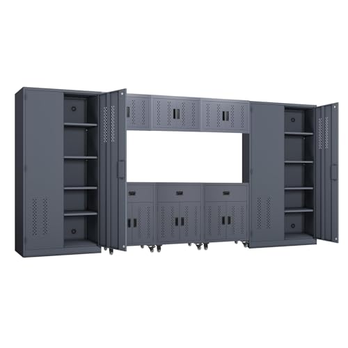 Garage Storage Cabinet System, 8 PCS — Ships in 8 Separate Boxes (2 Tall + 3 Wall + 3 Rolling), Heavy Duty Metal Storage Cabinets for Garage Organization, Lockable Doors, Adjustable Shelves, Gray