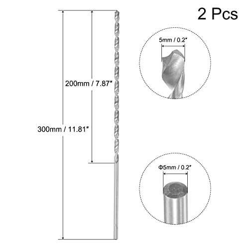 sourcing map 2 Stk. HSS Spiralbohrer (Schnellarbeitsstahl) Extra Lang Spiralbohrer, 5mm Bohrerdurchmesser 300mm Länge