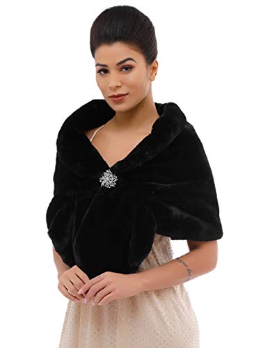 GORAIS Women's Wedding Faux Fur Shawls and Wraps Bridal Fur Scarf Stoles with Brooch for Bride and Bridesmaids (US 4-14(S-M), C Black)