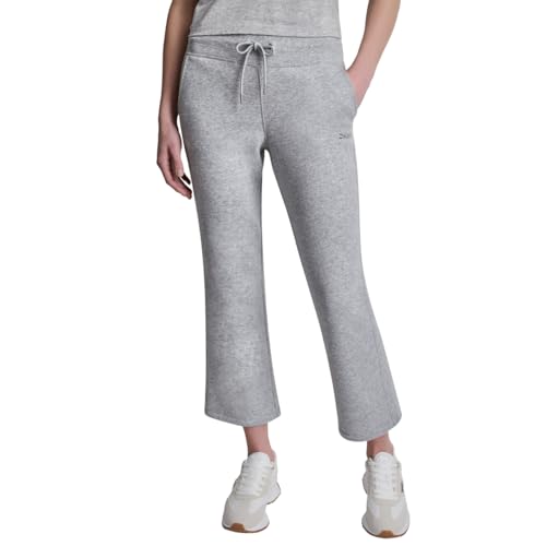 Image of DKNY Women's Metallic Bubble Logo Mid Rise Ankle Flare Pant with Pockets, Pearl Grey Heather, Small