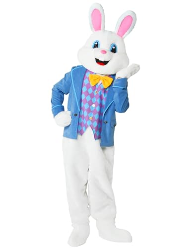 Ahititi Easter Bunny Costume Adult 5PCS Mascot Rabbit Deluxe Suit for Men Blue Blazer Bunnies Head Cute Furry Unisex Outfit