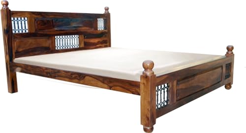 Image of Solid Sheesham Wood King Size Bed Without Storage | Wooden Double Bed Frame for Guest Room Modern Handcrafted & with Headboard |Honey Walnut Finish