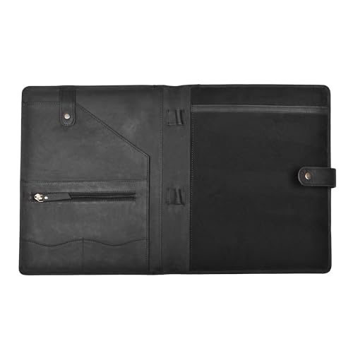 DHAMPOOH Genuine Leather Portfolio – Sleek Black Professional Organizer & Resume Folder, Antique Leather Business Document Padfolio with Writing Pad, Ideal Gift for Men & Women