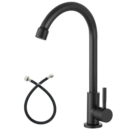 Heyalan Matte Black Cold Water Only Kitchen Faucet SUS304 Sink Faucets High Arc Gooseneck 360 Degree Rotation Spout Basin Tap with Longer Thread Pipe