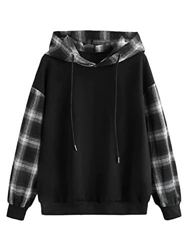 Verdusa Women's Colorblock Plaid Long Sleeve Drawstring Hoodie Top Sweatshirts Black M