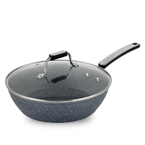 Scoville Expert Neverstick+ 26cm Saute Pan with Glass Lid - Non Stick, Deep Frying Pan, Thick Gauge Aluminium, Induction Compatible, Energy Saving, PFOA Free, Flake & Peel Free, Graphite Grey