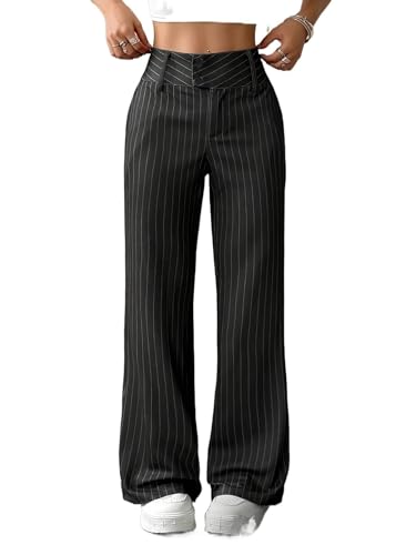 Women's Elegant Vertical Stripe Tailored Straight-Leg Trousers All-Season Office & Casual Pants