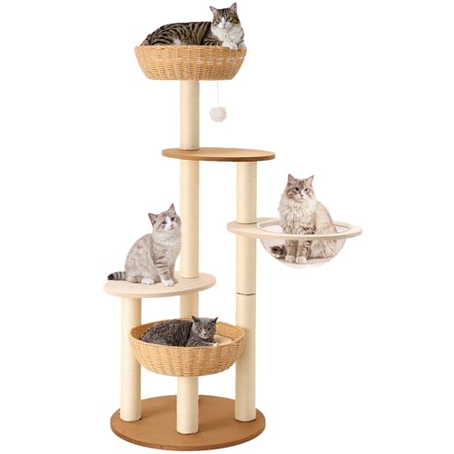 Rattan Cat Climbing Tower Condo with Scratching Post,Capsule,Bask...