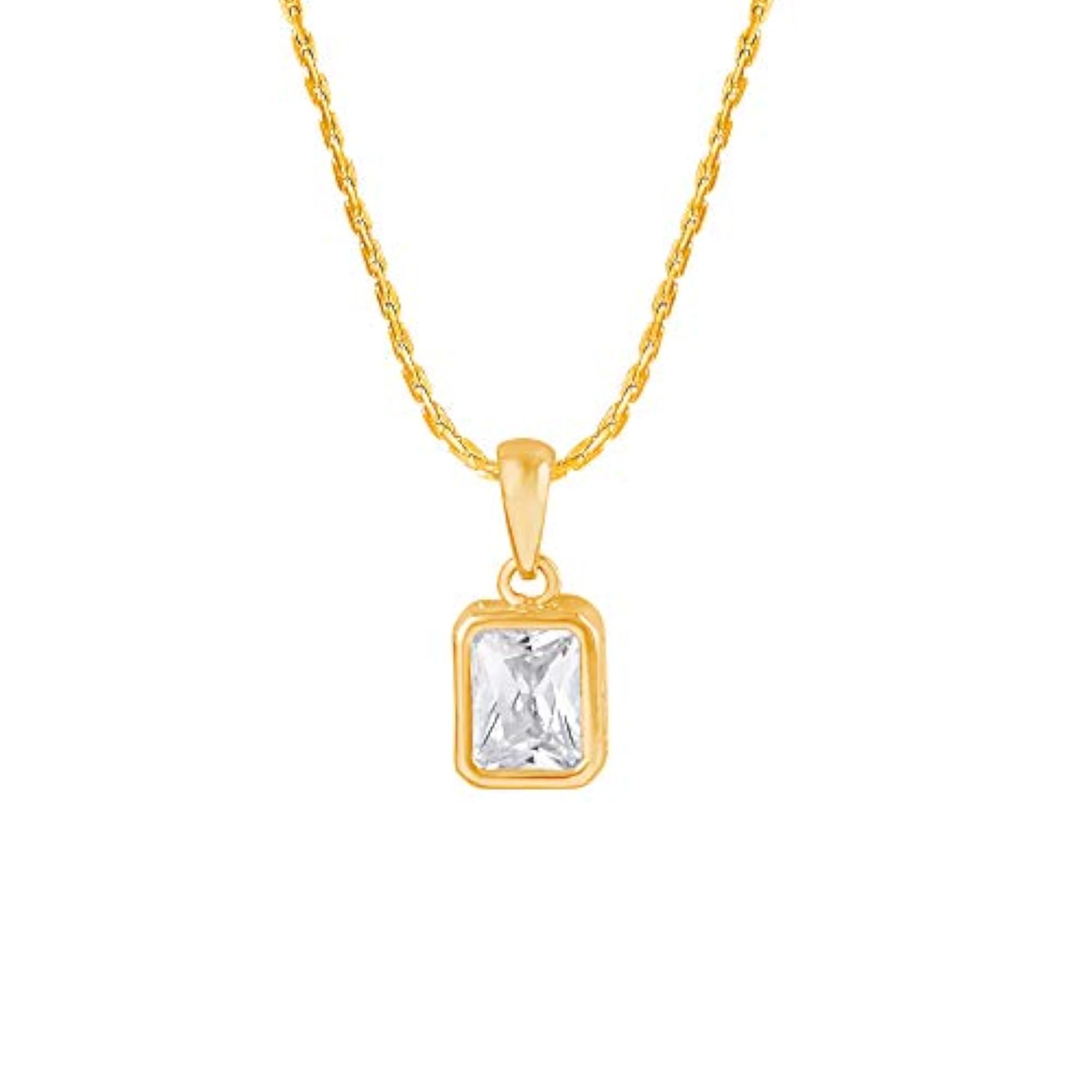 Gold Plated Cubic Zircon Rectangular Solitaire Pendant with Chain