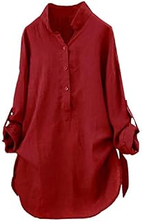 iDWZA Women Casual Roll UP SleeveCotton Solid Button Down T Shirt Blouse Tops