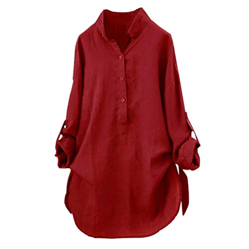 iDWZA Women Casual Roll UP SleeveCotton Solid Button Down T Shirt Blouse Tops