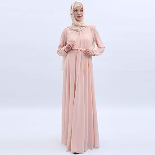Boow Women's Chiffon Kaftan Abaya Dress Muslim Long Sleeve Self Tie Flowy Maxi Dress Islamic Evening Gown (20243-Pink, M) #TOP2
