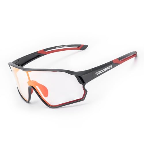 ROCKBROS Kinderfietsbril, fotochromatische fietsbril, sportzonnebril voor tieners, UV400-bescherming, sportbril voor kinderen, TR90-frame, zwart/rood