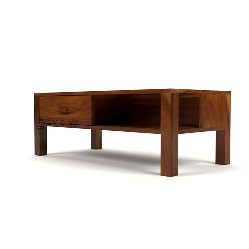 Image of Sheesham Wood Coffee Table for Living Room | Wooden Center Table with Drawer & Shelf Storage | Modern Solid Wood Teapoy Table for Sofa | 43x23.5x16 Inch | Home | Honey Finish